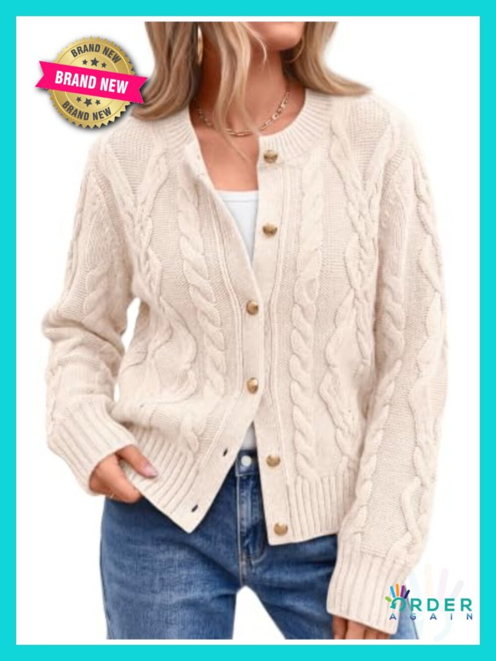 Cable Knit Cardigan Cotton Acrylic Chunky Sweater for Women